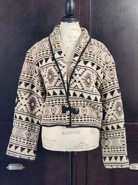 VTG 90s Flashback Southwestern Cropped Tapestry Aztec Blanket Coat Size LARGE